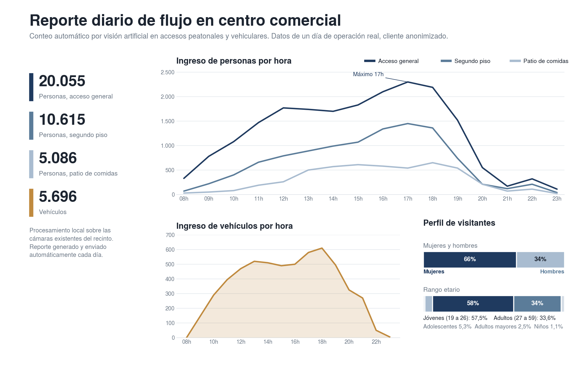 Reporte diario de flujo de personas y vehículos en un centro comercial